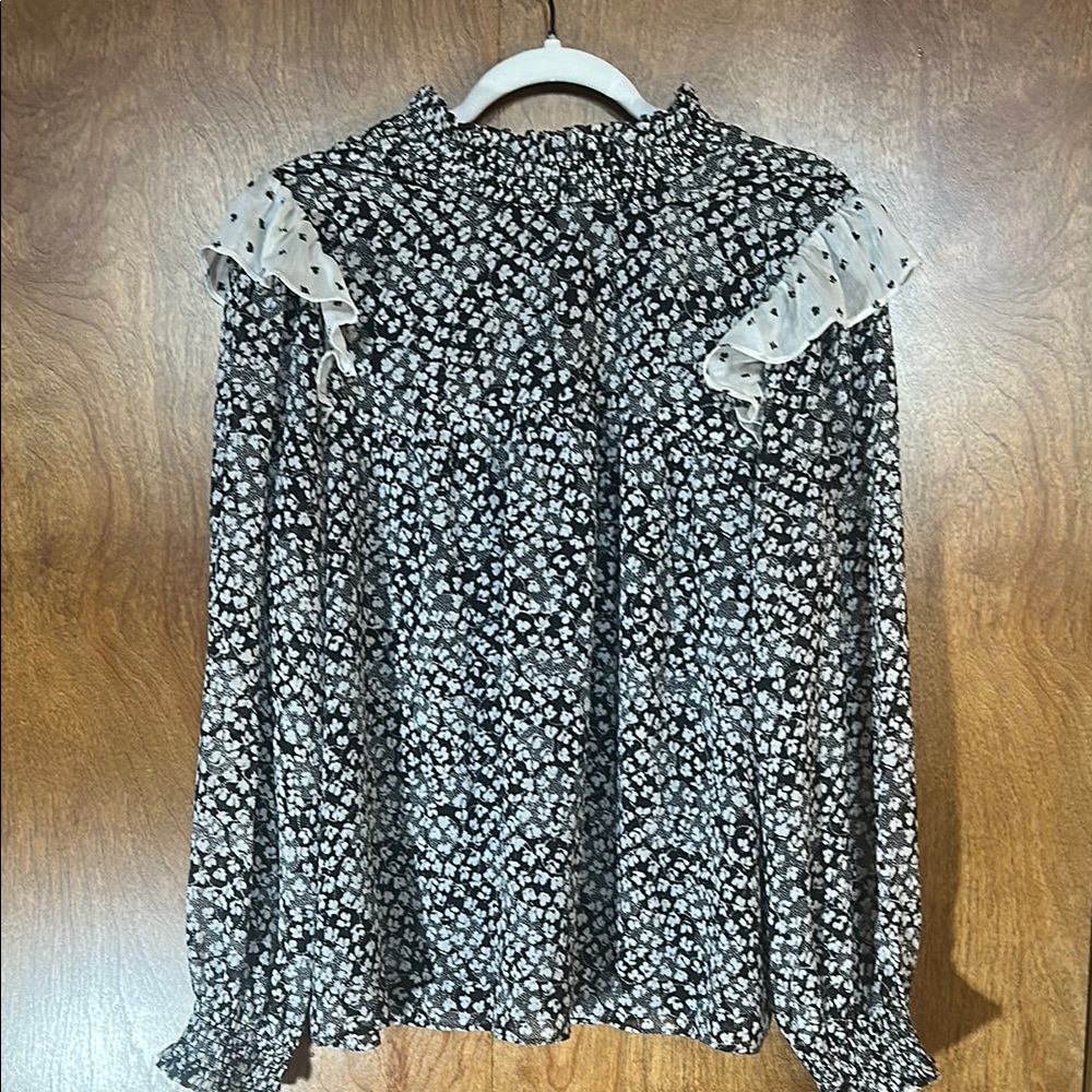 Ann Taylor Black and White Ruffled Mandarin Collar Blouse